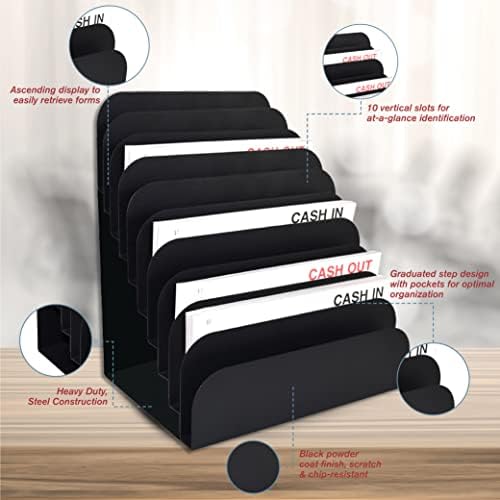 BankSupplies STEELMASTER Steel Cashier Pad Rack 10 Slot Desktop File and Paper Organizer Black Powder-Coated Finish