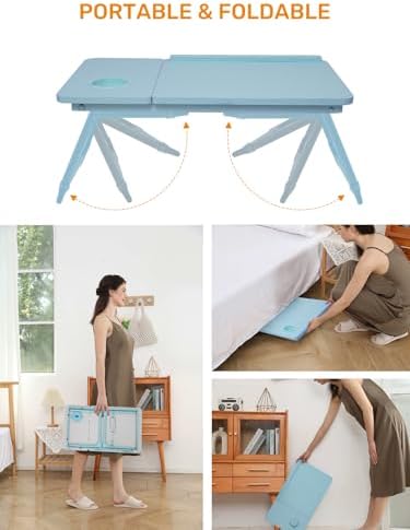 Lap Desk for Couch/Sofa/Floor, 5-Angle Adjustable Bed Desk with Foldable Legs &Cup Holder, Light Weight Bed Tray Table for Writing/Eating/Reading, Portable Laptop Stand for Adults, Kids