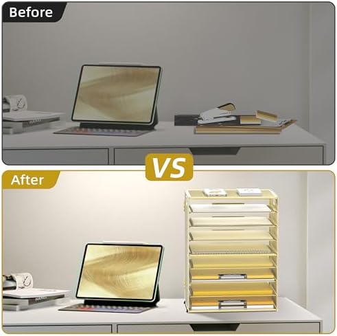 9-Tier Paper Organizer for Desk, Metal Mesh Letter Tray with Handles, Gold