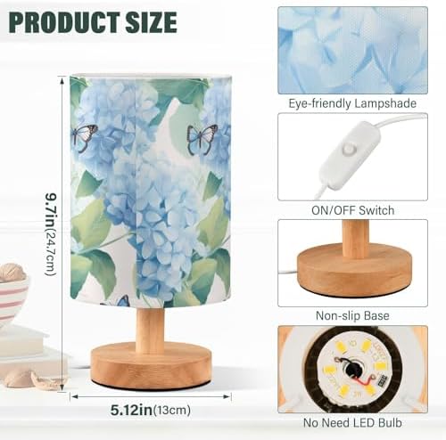 ALAZA Blue Hydrangea Flower Butterfly Floral Decor Bedside Table Lamp with USB Port for Bedroom Nightstand Office Desk LED Bulb Included