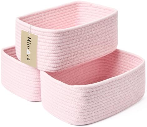 MiniArk Small Storage Baskets for Organizing | Closet Organizer Bins | Shelf Toy Basket | Woven Rope Baskets | Cube Decorative Box | Shallow Basket | 11.5x7.5x4.7” | 3 Packs Light Pink
