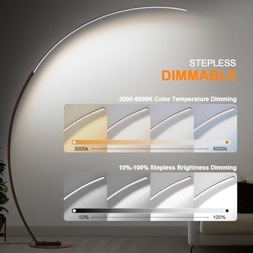 Dimmable LED Floor Lamp with 3 Color Temperatures, Ultra Bright 2000LM Brown Arc Floor Lamps for Living Room, Modern Standing Tall Lamp with Remote Control Reading Floor Lamp for Bedroom Office