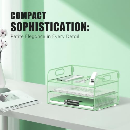 DALTACK 3 Tier Paper Organizer for Desk, Sliding Paper Trays, Mint Green