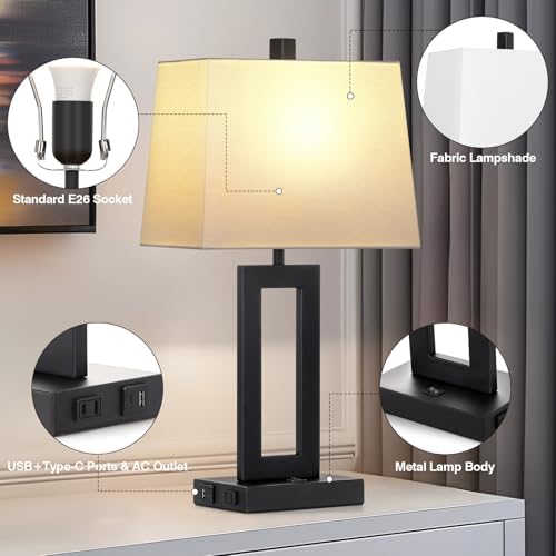 Cinkeda Black Bedside Table Lamp Set of 2,Nightstand Lamps with USB Ports