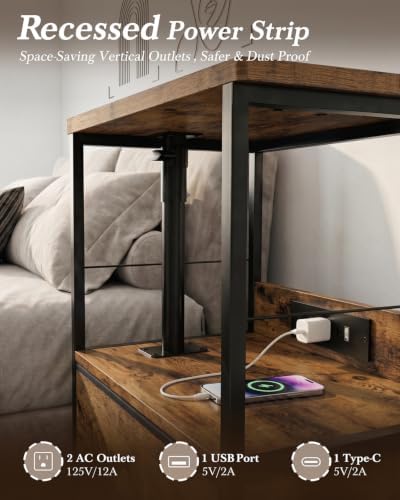 Faesun Night Stand with Charging Station & Swivel Tray Top, Brown