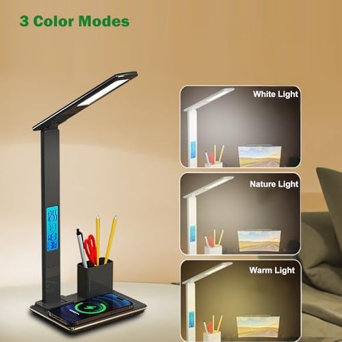 IHAO 7in1 Smart Desk Lamp with Wireless Charger & Digital Clock | 15W Fast Charging for Phone & Earbuds, Time/Date/Temp Display, Alarm, 3 Light Modes, USB Port, Detachable Pen Brush Pot-HYT1771 Black