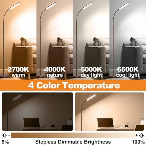 marctronic Vintage Brown Floor Lamp, 18W 1800LM Super Bright LED, Stepless Dimmable & Timer, Eye-Caring Reading Lamp for Living Room/Bedroom/Office