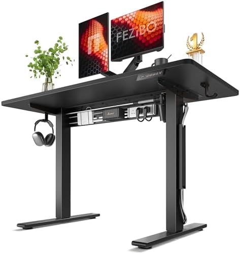 FEZIBO Electric Standing Desk with L-Shaped Crossbar & Cable Management System, 48 x 24 Inches Sit Stand up Desk, Adjustable Height Standing Desk for Home Office, Black