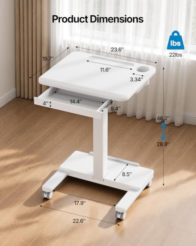 HUANUO 24" Small Mobile Standing Desk with Drawer and Charging Station