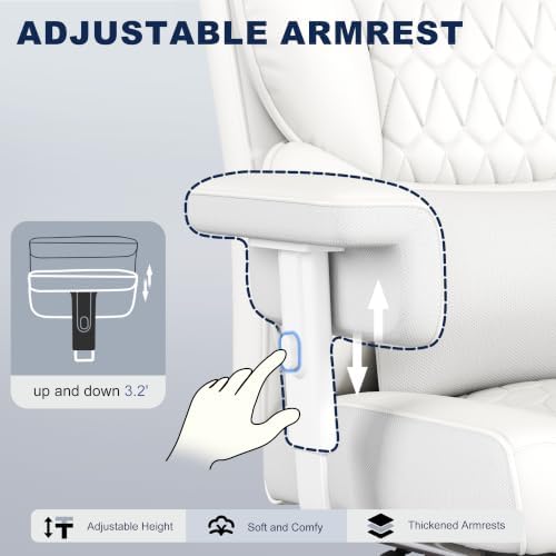 Misolant Big and Tall Office Chair with Footrest, High Back Executive Desk Chair with Adjustable Lift Armrest, 155°Recline，Lumbar Support Pillow, Faux Leather Gaming Chairs for Home All White
