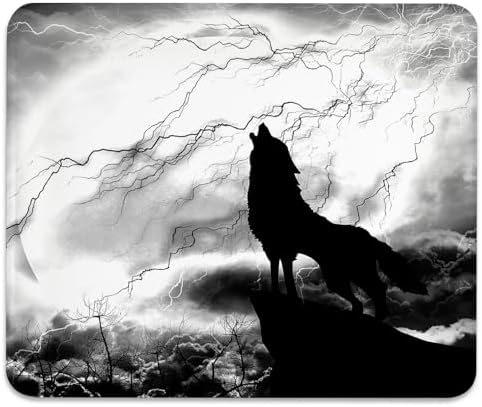 Wolf Howling Under Full Moon Mouse Pad, Animal Silhouette Desk Mat