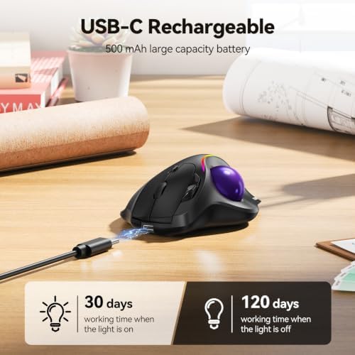 TECKNET Wireless Trackball Mouse, Bluetooth Mouse with Ergonomic, Purple