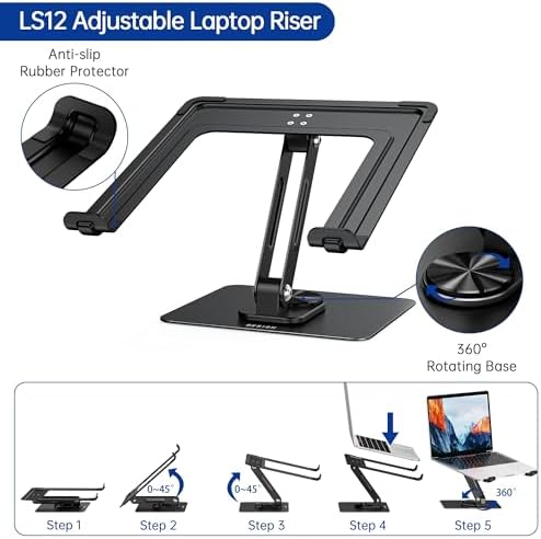 BESIGN LS12 Laptop Stand with 360° Rotating Base, Ergonomic Adjustable Notebook Holder, Computer Riser Stand Compatible with Air, Pro, Dell, HP, Lenovo More 10-14" Laptops (Black)