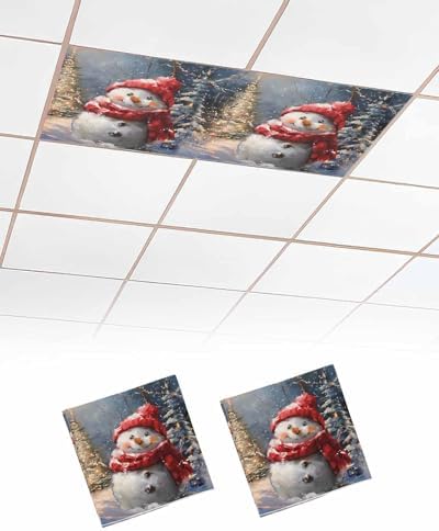 Red Snowman Magnetic Fluorescent Light Covers for Ceiling Lights 2 x 4 Feet,Christmas Tree Rustic Forest Painting Office Classroom Kitchen Drop Ceiling Light Covers Filters Shade Panel 2 Packs