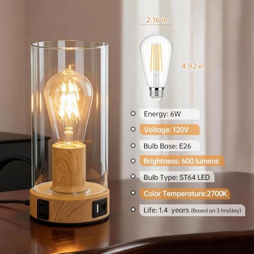 Touch Control Bedside Lamp with Charging Station，Wood Metal Small Lamp