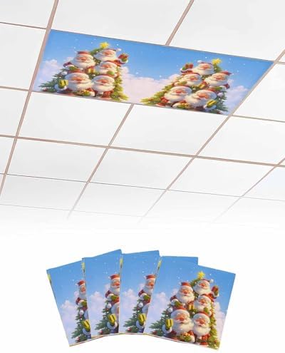 Christmas Magnetic Fluorescent Light Covers for Ceiling Lights 2 x 4 Feet,Santa Claus Christmas Tree Snowflakes Blue Office Classroom Kitchen Drop Ceiling Light Covers Filters Shade Panel 4 Packs