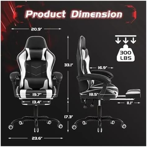 Leather Gaming Chair Massage Ergonomic Gamer Height Adjustable Computer with Footrest & Lumbar Support