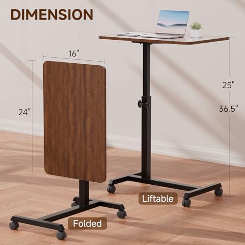 GTPLAYER Small Standing Desk, 24 Inches Foldable Mobile Rolling Laptop PC Table with Lockable Casters, Adjustable Height Overbed Bedside Table Computer Workstation for Home Office, Dark Brown-Foldable