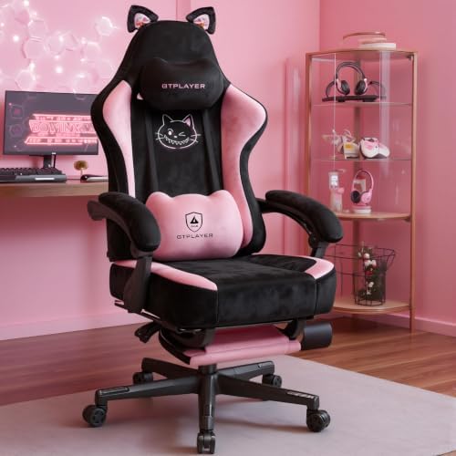 GTPOFFICE Gaming Chair Cute with Cat Ears, Ergonomic Computer Chair with Footrest Cat Paw Lumbar Support Comfortable Reclining Game Chair Desk Chair for Adult,Teens, Soft Fabric,Soft-Red