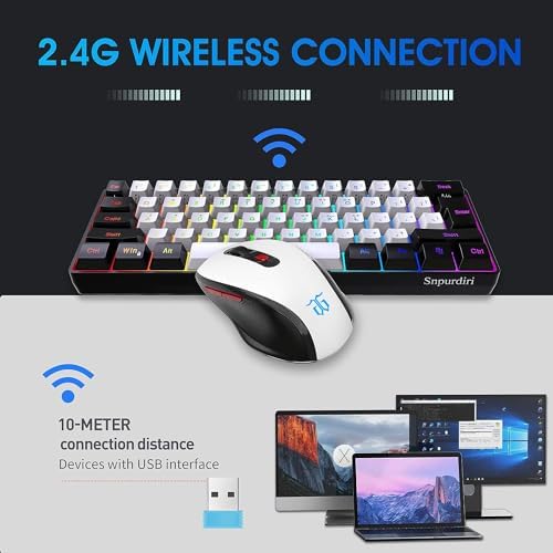 Snpurdiri 2.4G 60% Wireless Gaming Keyboard and Mouse Combo, Black-White