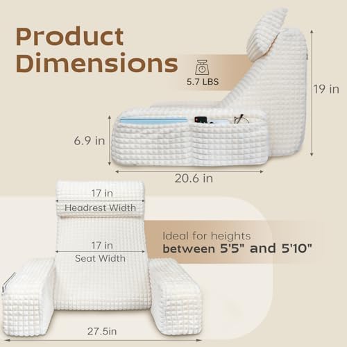 Vekkia 19'' Reading Pillow with Armrests and XL Pockets for Adults