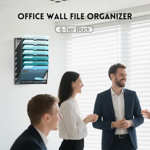 8-Tier Wall File Organizer and Mail Organizer with 5 Hooks, Black