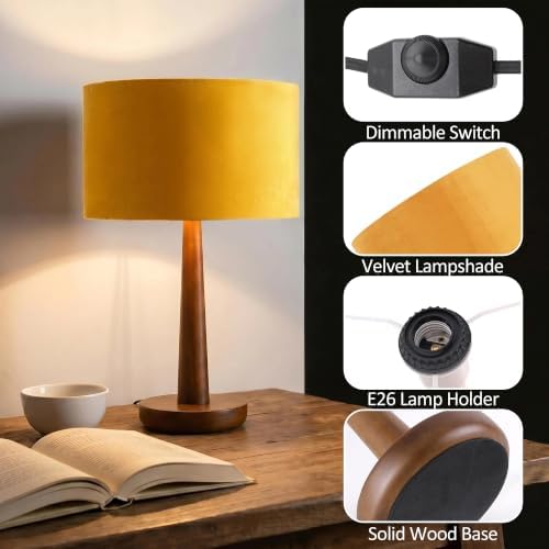 18.5" Modern Dimmable Walnut Wood Table Lamp with Velvet Shade, Orange