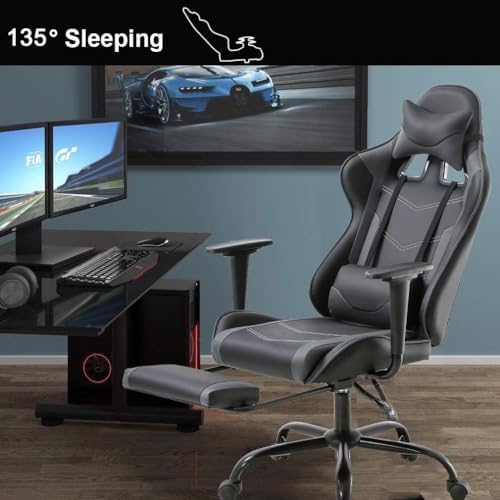 PC Gaming Chair with Footrest, Ergonomic Home Office Chair with Lumbar Support & Headrest Pillow, Grey