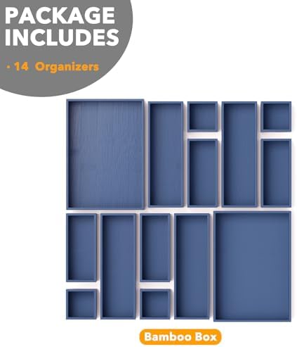 SpaceAid 14-Piece Bamboo Drawer Organizer Storage Boxes Set, Wood Tray Junk Drawer Organizers Multi-Use Divider Bins for Kitchen, Bathroom, Office Desk and Makeup Organization (14 Pack, Navy Blue)