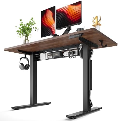 FEZIBO Electric Standing Desk with L-Shaped Crossbar & Cable Management System, 48 x 24 Inches Sit Stand up Desk, Adjustable Height Standing Desk for Home Office, Black Walnut