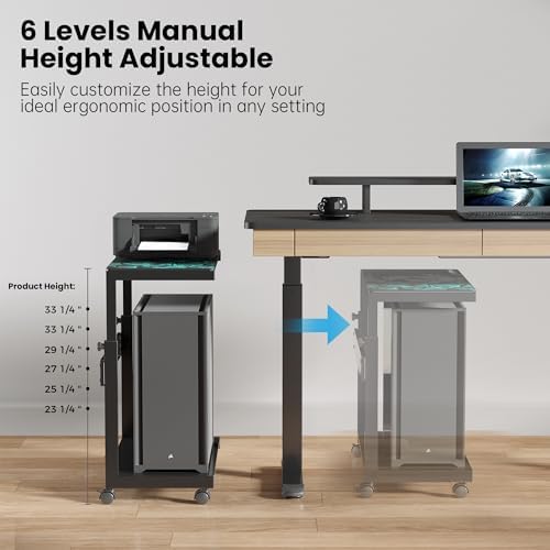 EUREKA ERGONOMIC PC Stand Computer Cart Frosted Glass, Height Adjustable Tower Stand 2-Tier Suit for ATX Case Printer, Metal Rolling Cart on Wheels for Gaming Home Office, Black