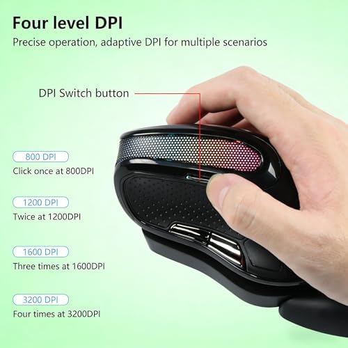 Ergonomic mouse, Wireless Vertical mouse, RGB Light ,Human Engineering, Gaming, 6 buttons, 2.4G ,800/1200/1600/3200 DPI, rechargeable, Mute, Detachable hand pads, Mac/Windows/IOS/ PC Compatible