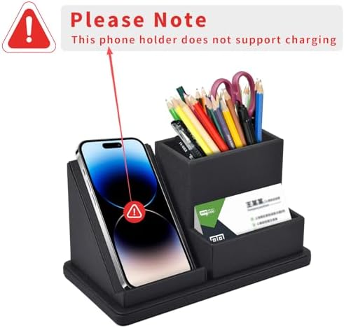 Pu Leather Desk Pen/Pencil Organizer Multi-Function Cell Phone/Remote Control Storage Box with 3 Compartments Office Supplies Sticky Note Tray Business Cards Holder,Black
