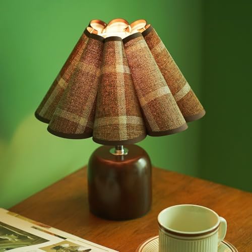 Small Plaid Pattern Table Lamp for Bedroom, Bedside Lamps for Nightstand, Desk Lamp Solid Wood Base Walnut Fabric Shade for Living Room, Kids Room, Bulb Not Included (Mid-Century Modern) (Walnut)