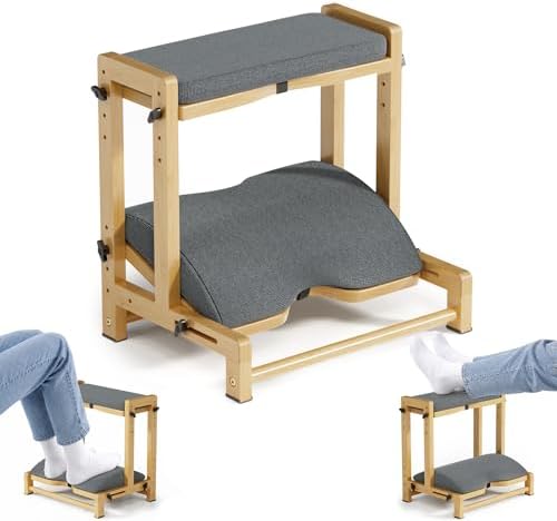 Amazer Double Step Foot Rest for Under Desk, 4 Adjustable Heights Bamboo Under Desk footrest with Soft Cushion, Dual-Layer Desk Foot Stool for Office Home Gaming, Natural Wood Foot Rests for Work