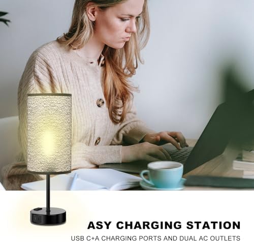 Table Lamp for Bedroom with Touch Control,Bedside Lamp with USB C+A Charging Ports& AC Outlets, Adjustable 3color LED Light for Home Decor/Nightstand/Bedroom/Office,Included Bulb and Fabric Lamp Shade