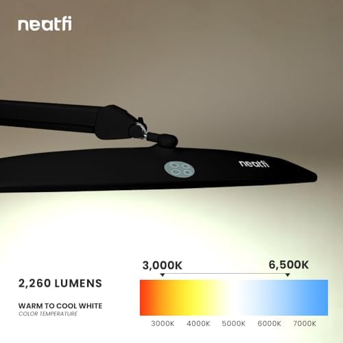 Neatfi Elite HD XL Task Lamp | 22-Inch Wide | 2,260 Lumens | 3 Color Temperature Modes | Non-Polar Dimming Desk Lamp (Black-2, CCT with Clamp)