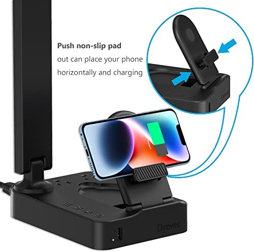 Drevet LED Desk Lamp with Wireless Charger, Desk Table Light with USB Charging Port and 2 Outlets, 3 Lighting Modes, 3 Level Brightness, 1H Timer, Touch Control, Eye-Caring Home Office Foldable Lamp