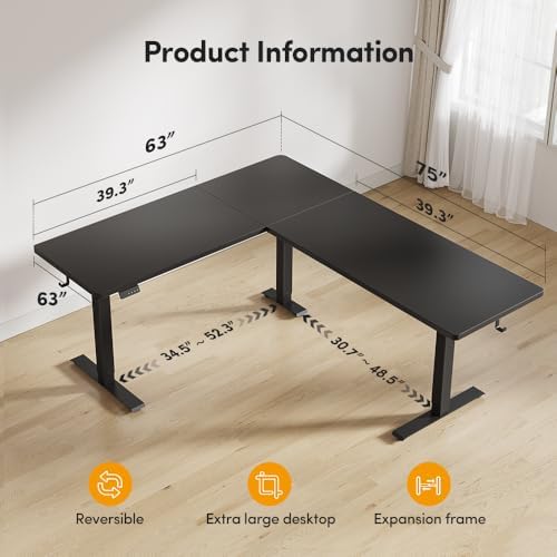 Cubiker 75 * 63" L Shaped Standing Desk, Reversible Corner Standing Desk, Suitable for Home Office, Black