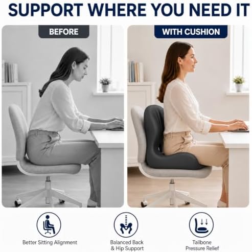 Ergonomic Memory Foam Seat Cushion, L Shaped Lumbar Support Pillow with Tailbone Relief, Orthopedic Chair Pad for Office, Car, Gaming Chair, Travel (Comfort Black)