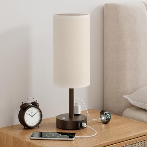 Brown Touch Bedside Lamp for Bedroom, Stepless Dimmable, USB A+C, AC Outlet