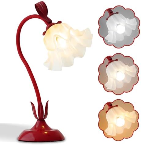 Flower Table Lamp, LED Reading Light Bedside Vintage Night Light (Red)