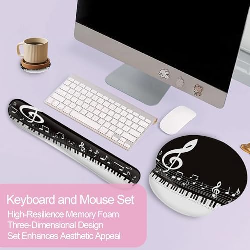 Black and White Piano Notes Mouse Pad with Wrist Rest Set, 3-in-1 Wrist Support Mousepad Set, Gaming Mat Pad with Anti-Skid Base,Ergonomic Memory Foam Mouse Pad Set for Women, Office, Typing, Gaming