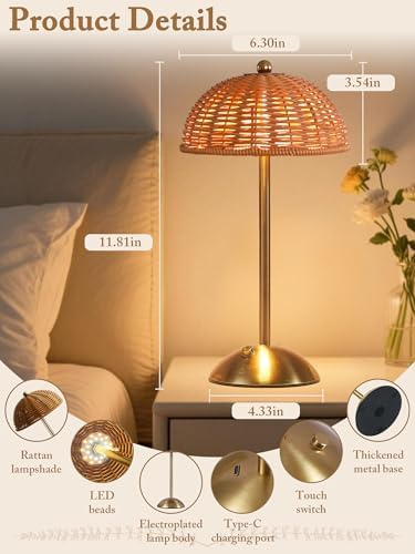 2 Pack Cordless Table Lamp,Rattan Boho Desk Lamps,Small Wicker Night Light