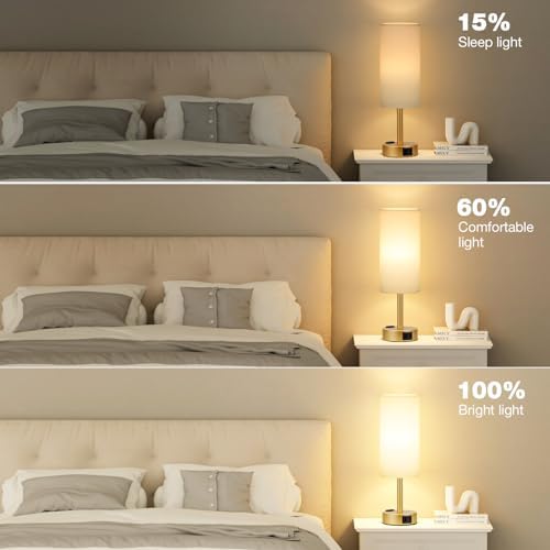 Fenmzee Gold Bedside Lamp for Bedroom, Dimmable Touch, USB A+C, AC Outlet