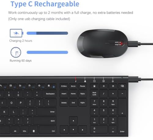 Vssoplor Wireless Keyboard and Mouse, Rechargeable Ultra Slim, Dark Black