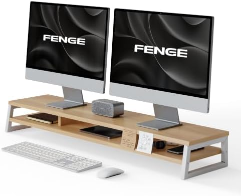 Fenge Dual Monitor Riser for Desk, Open Shelf with 3 Storage Compartments