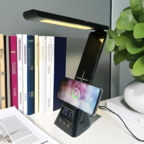 Eye-Care Desk lamp with Smartphone Charging Function, can be Used as a Cell Phone Holder, Touch Switch, with Electronic Clock and Alarm Clock, Three Soft Light, with USB Charging Cable