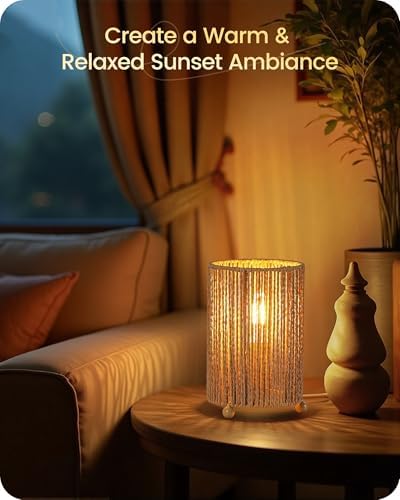 Small Rattan Table Lamps Set of 2, Boho Bedside Lamps Set of 2, Handwoven Paper Lampshade, 4W 2400K LED Bulb Included, Boho Desk Lamp, Nightstand Lamp for Bedroom, Living Room, S11TLP205