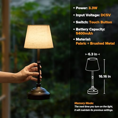 2 Pack Cordless Table Lamp, Rechargeable Desk Lamp with Fabric Shade, Battery Operated 3 Color Stepless Dimming, Small Touch Bedside Lamp Home Decor for Dining, Counter(Matte Black)